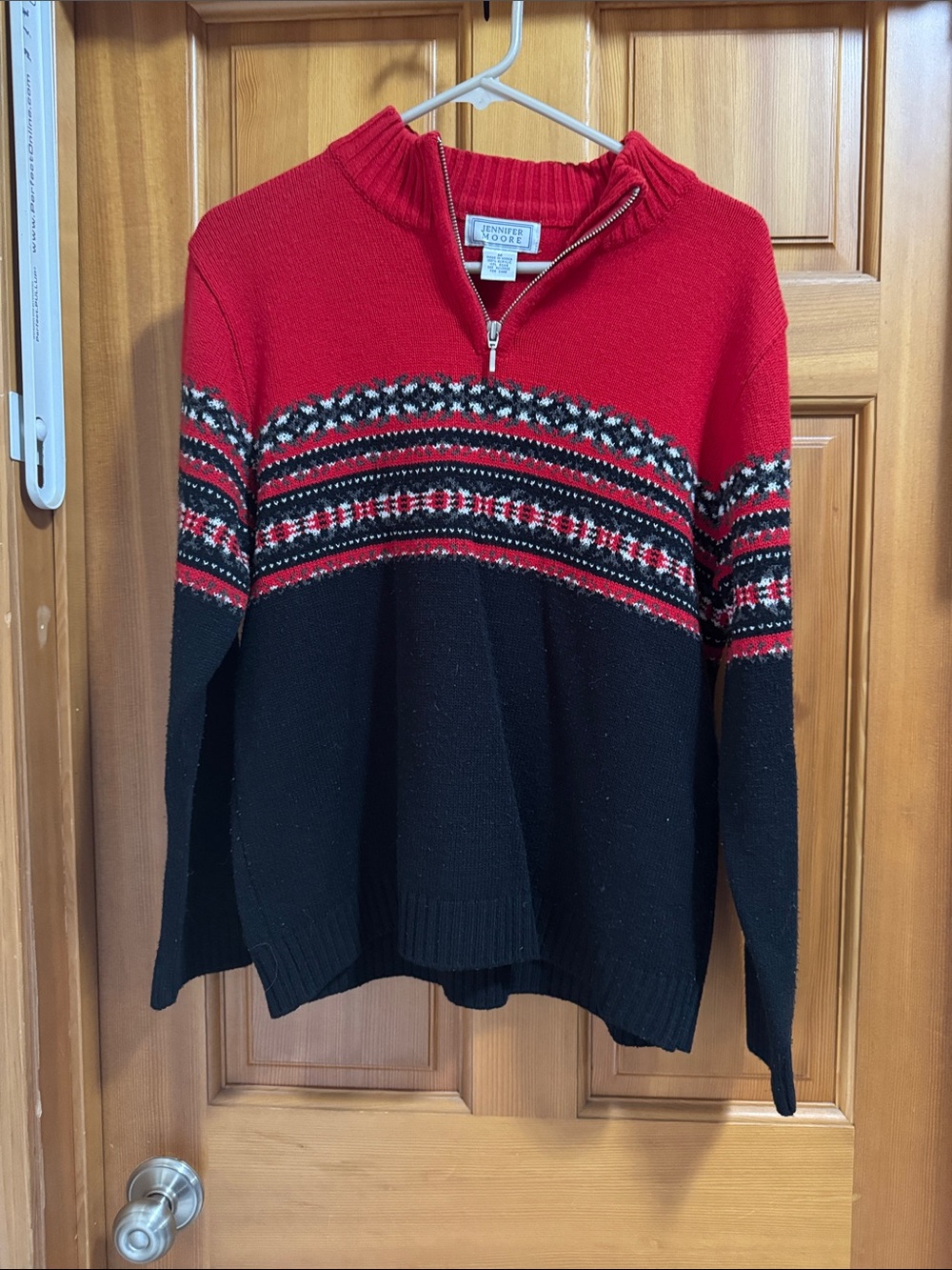 Jennifer Moore Red and Black Half-Zip Nordic-Pattern Sweater